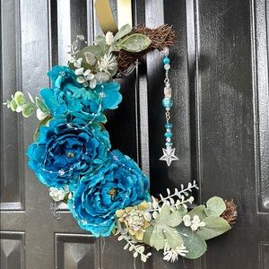 Vibrant Ice Blue and Green Faux Floral Accent with Sparkling Charms
